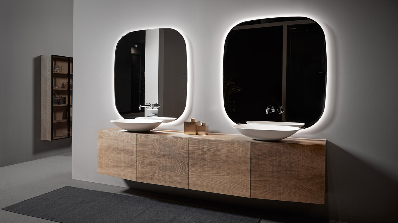 Composition of wall-mounted vanity with 4 doors and 2 upper washbasins Forma in matte white. 2 horizontal LED mirrors. Inbani, Forma.