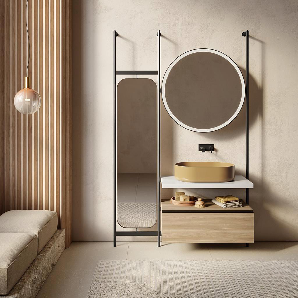 Modular composition with washbasin, mirror and cabinet, collection Over, from NIC Design