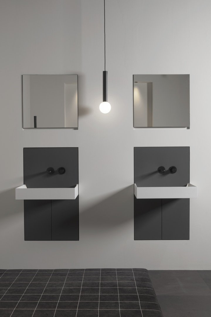 Two compositions of white washbasin with grey cabinet, built into the wall. Two mirrors with storage also built-in, under each basin. Collection Showdown from Antonio Lupi