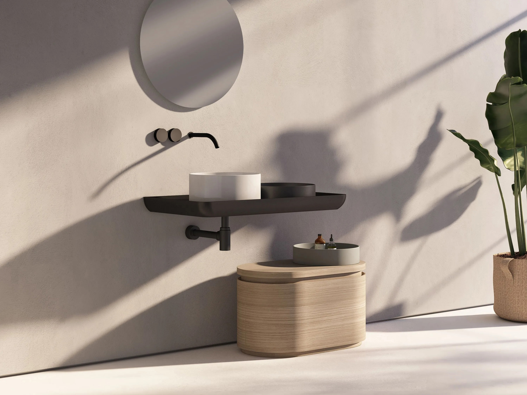 Washbasin Mediterraneo round, white, wall-mounted of ceramic with integrated countertop, NIC Design