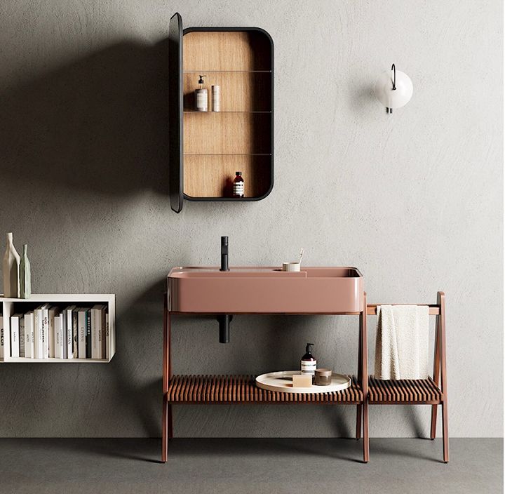 Washbasin in ceramic under frame in wood, in glossy Fard, collection Trama 131, from NIC Design