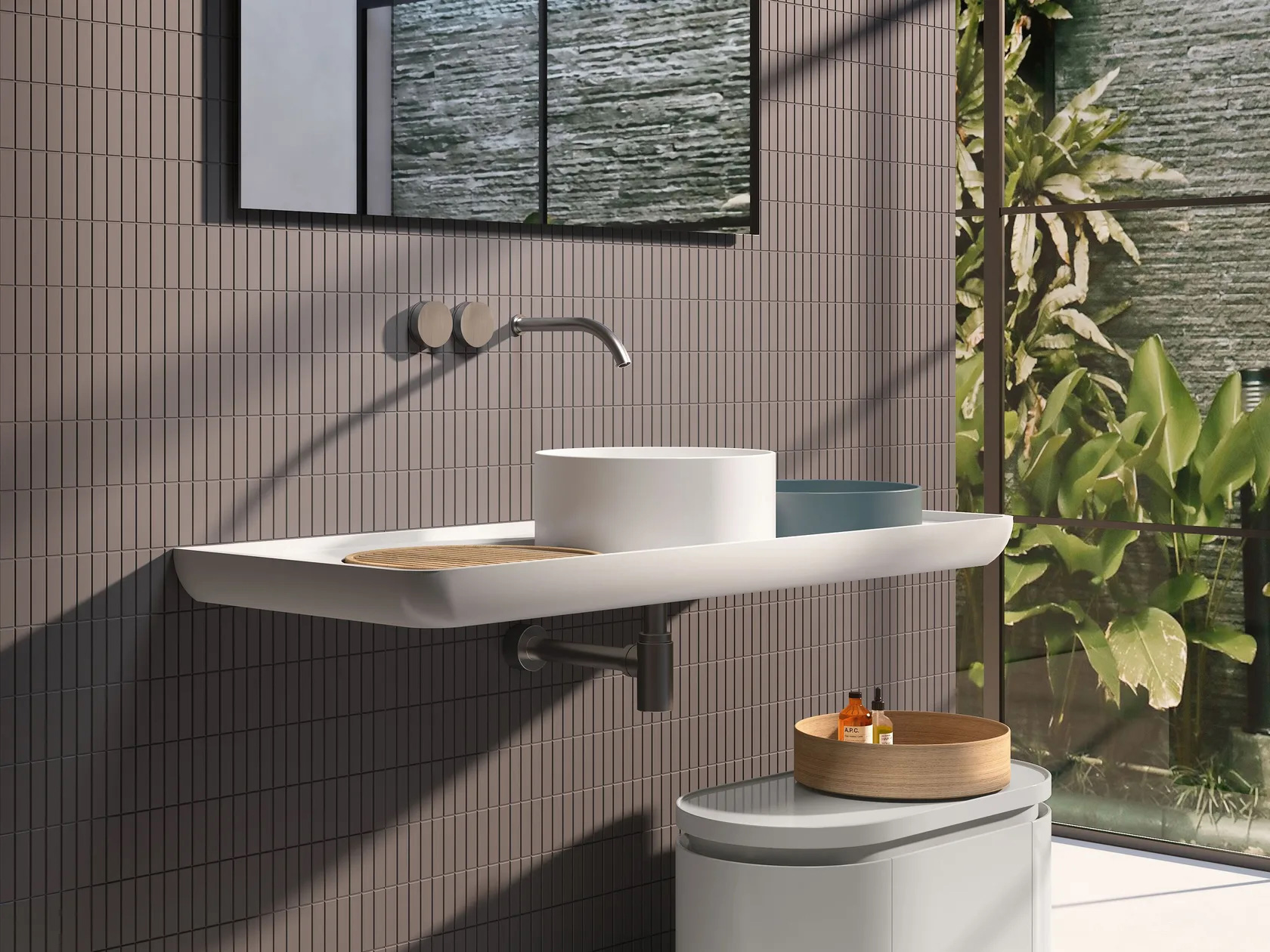 Round white ceramic washbasin, under integrated white countertop, Mediterraneo collection, from NIC Design