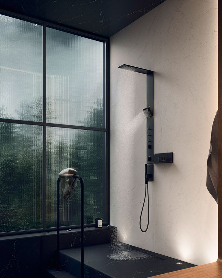 Shower panel Axor ShowerComposition in black. Includes overhead shower, body jet, hand shower, shower thermostat and shower hose.