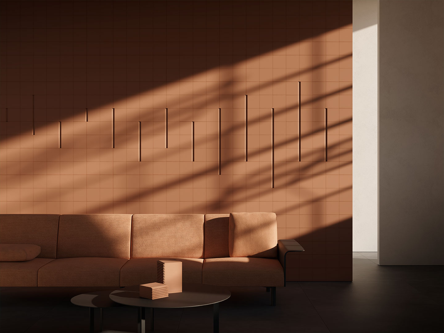 Living room wall clad with Living Ceramics Bisel Tuscan Red