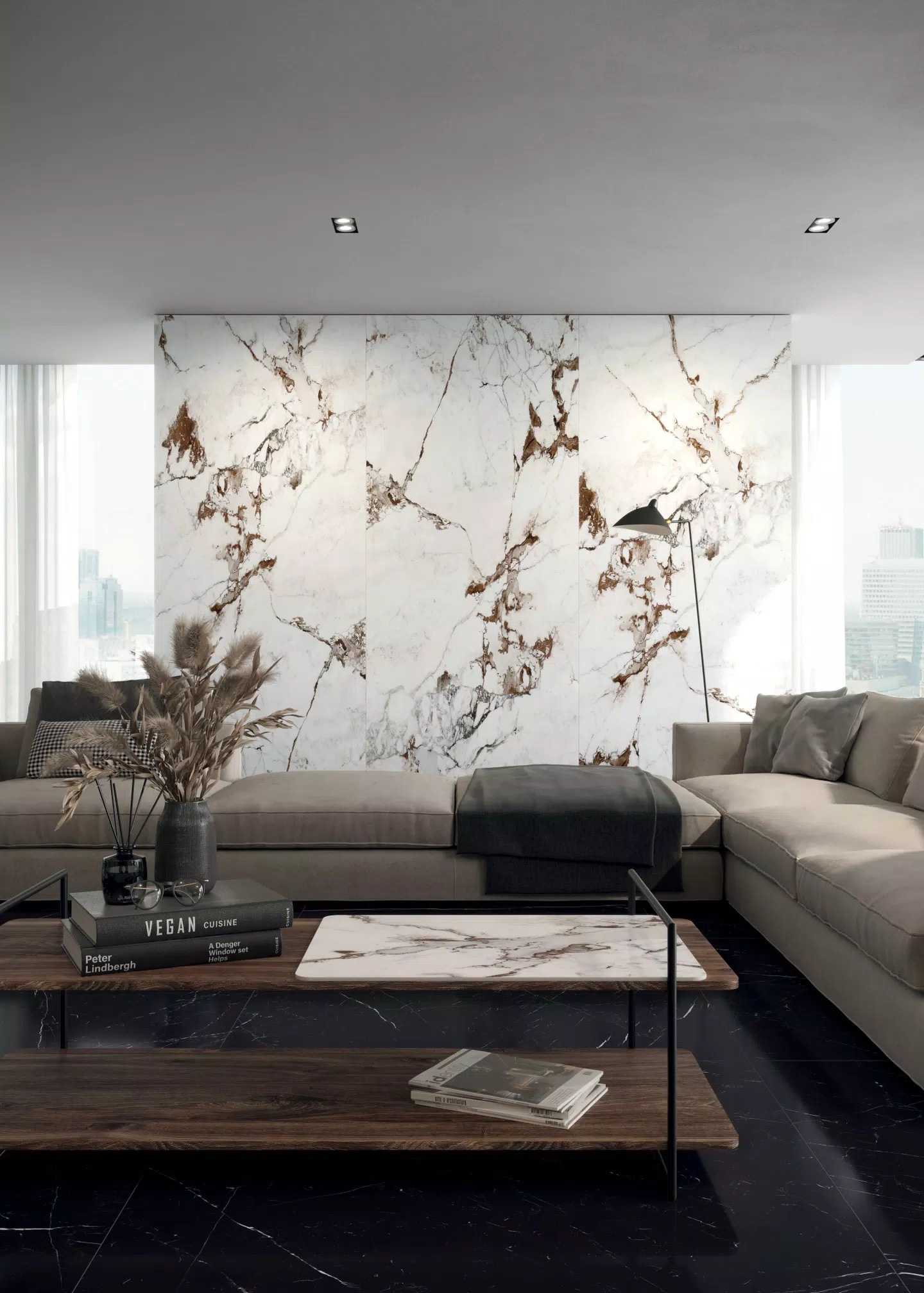 Living room with panel on the wall in stone marble by Florim, collection Marble, in Marble Capraia
