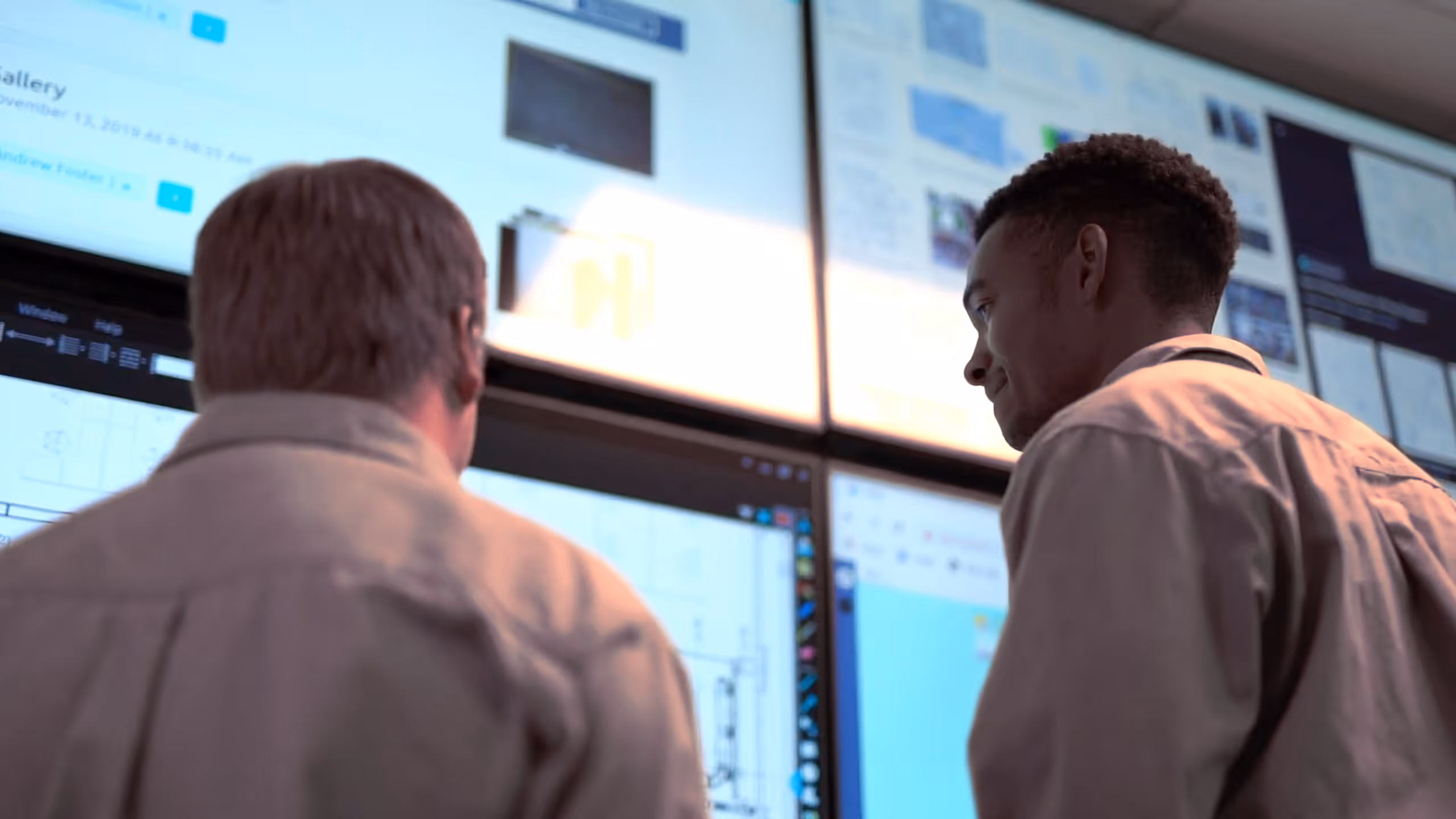 Two men in shirts looking at multiple large screens displaying diagrams and data.