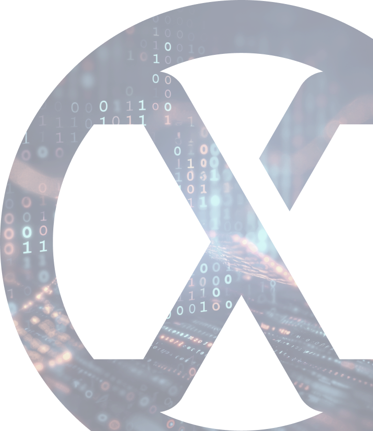 Lambda symbol cut out showing binary code and digital data on a glowing circuit board background.