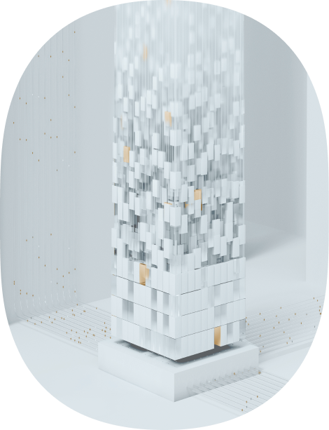 Abstract white and gold 3D block tower with scattered vertical and horizontal lines on a white background.