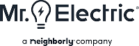 Mr. Electric logo with a light bulb integrated in the letter 'E' and tagline 'a neighborly company'.