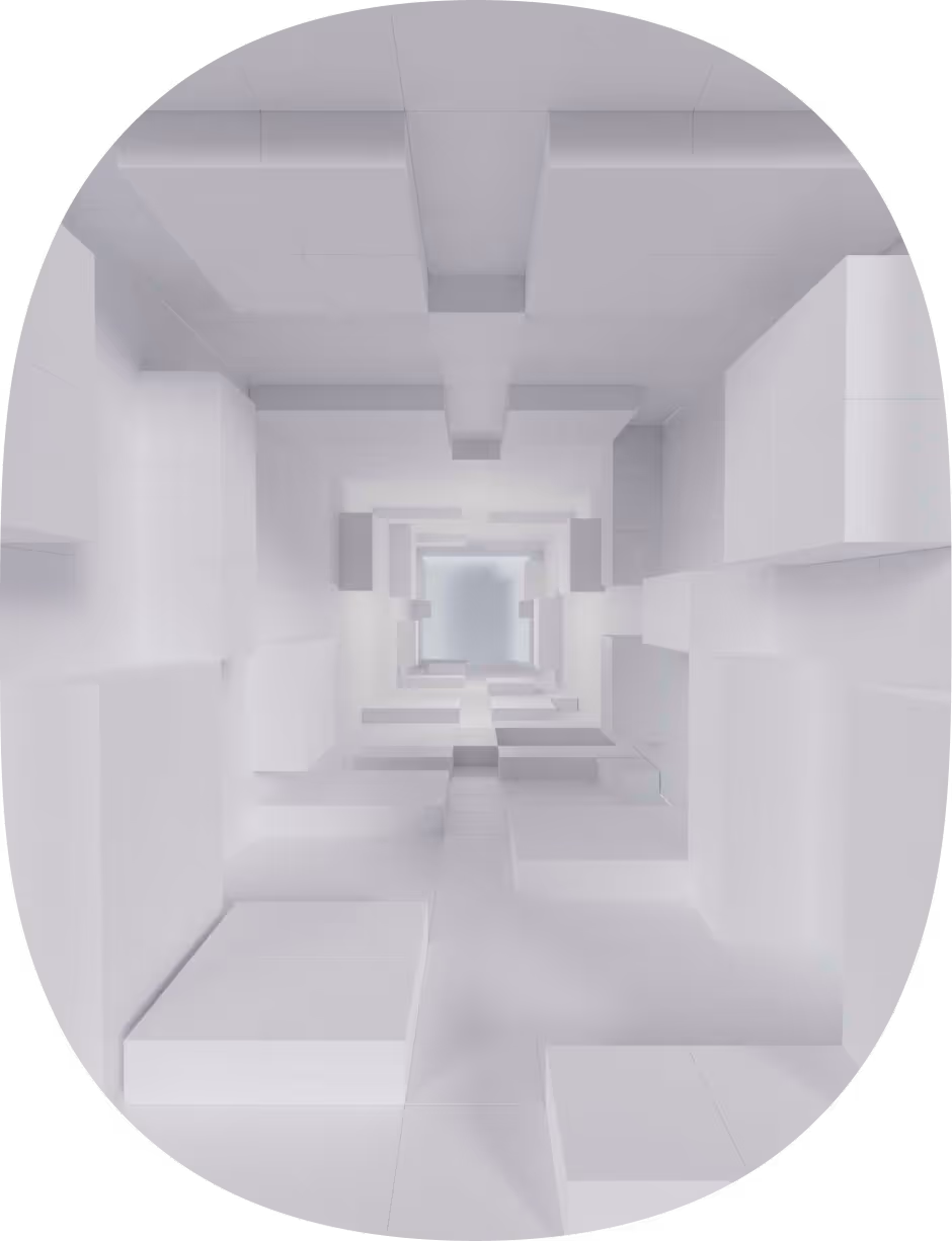 Abstract tunnel formed by white 3D geometric blocks receding into the distance.
