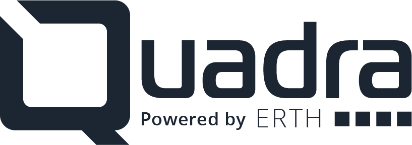 Quadra logo with text Powered by ERTH and four squares on the right.