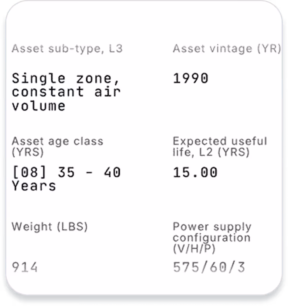 Text data about an asset including single zone air volume, vintage 1990, age 35-40 years, weight 914 lbs.