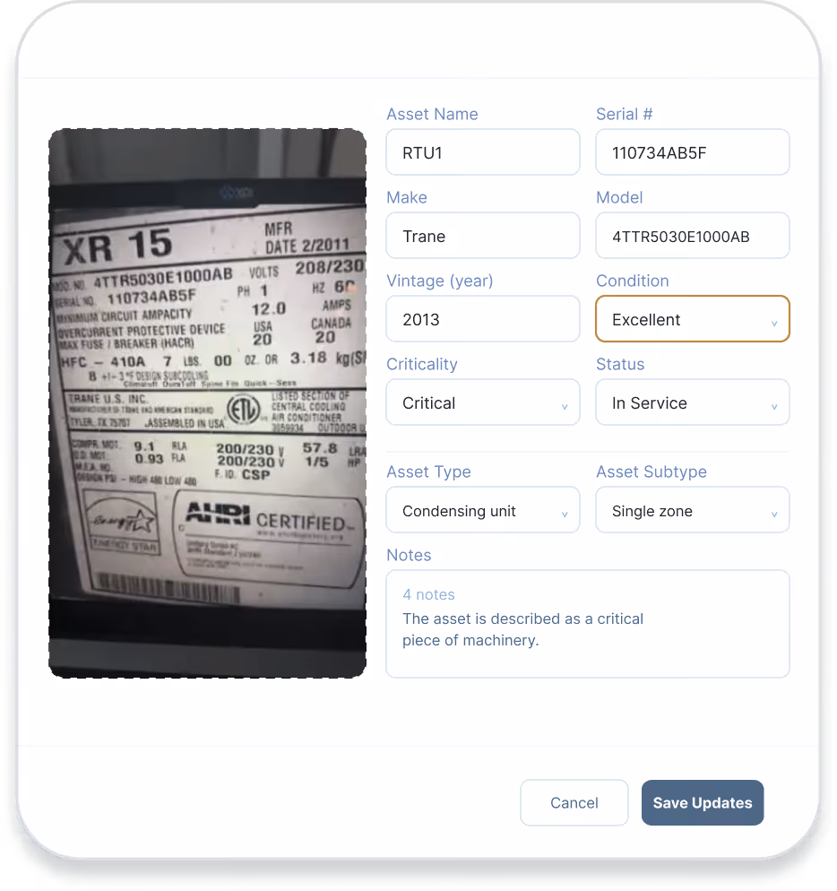 Asset details form showing Trane condensing unit RTU1 from 2013, critical status, excellent condition.