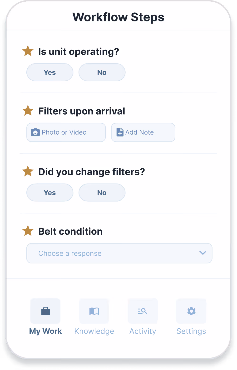 Workflow steps asking about unit operation, filter checks, filter change, and belt condition with response options.