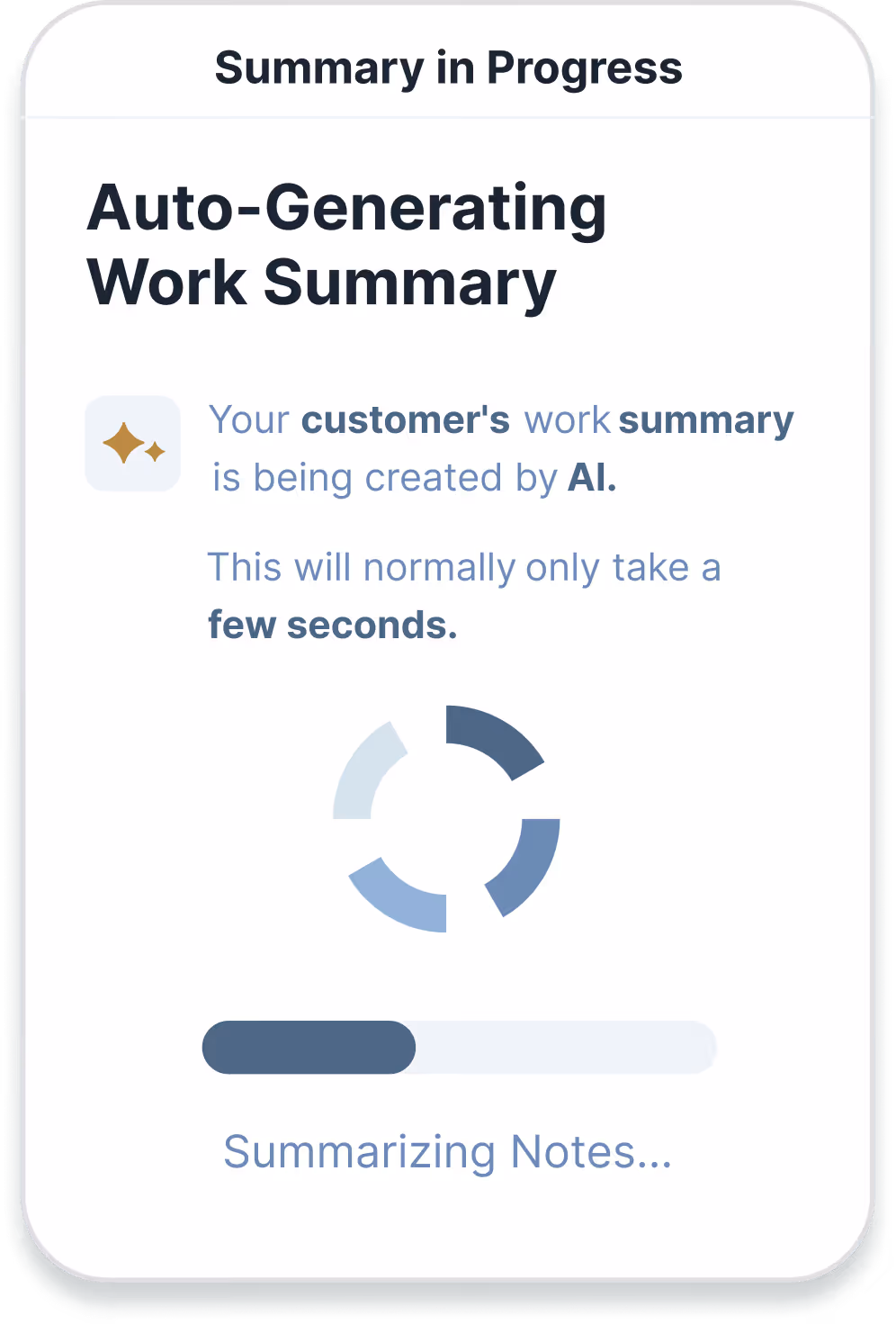 Screen showing auto-generating work summary in progress with loading icons and progress bar.
