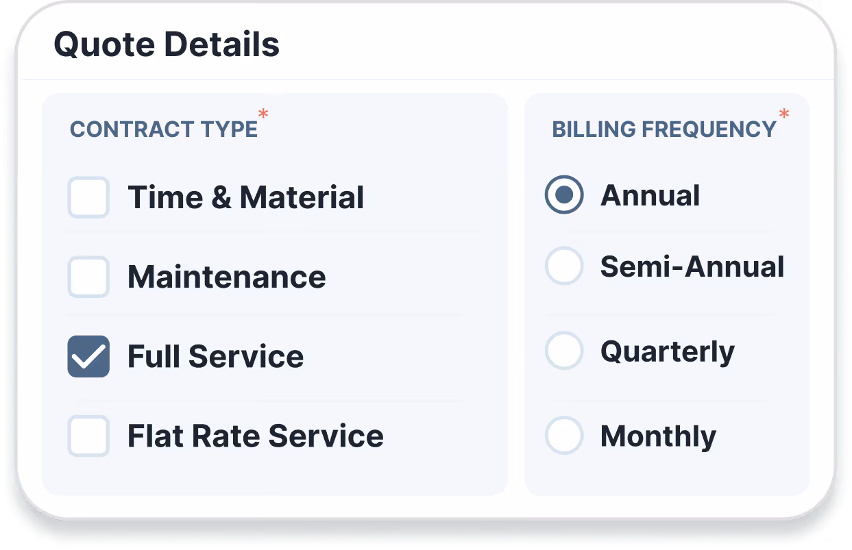 Quote details panel with Full Service contract type and Annual billing frequency selected.