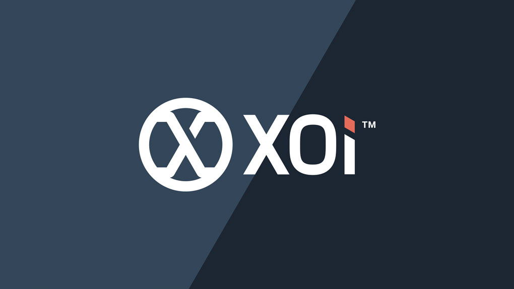 White XOi logo with stylized X inside a circle on a dark blue split background.