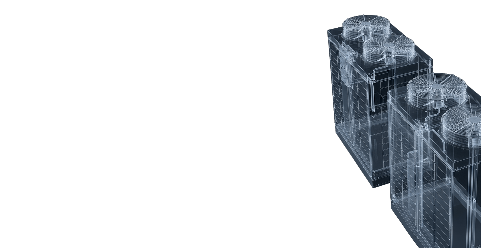 Top corner view of an industrial HVAC unit with two large ventilation fans.