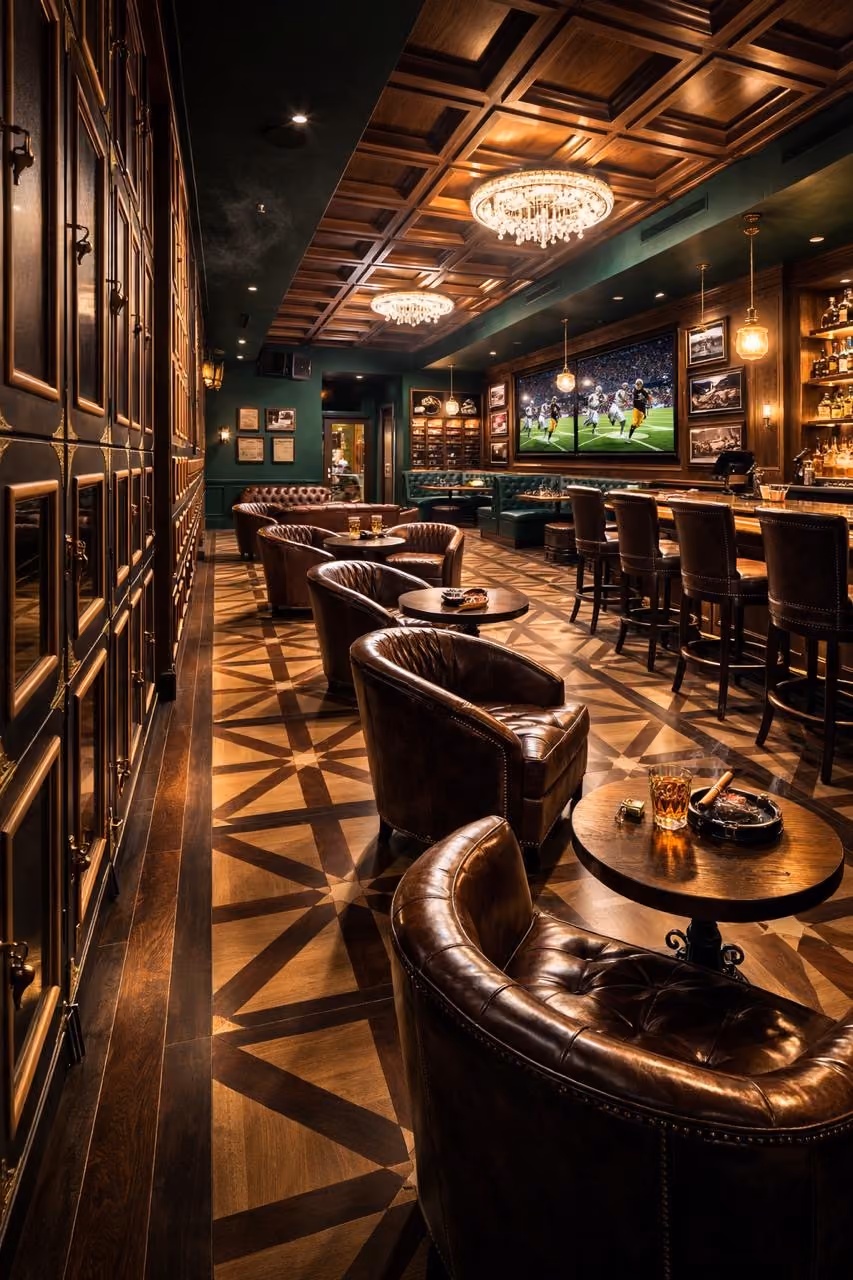 Leather seating, wood panelling and wall-to-wall screens