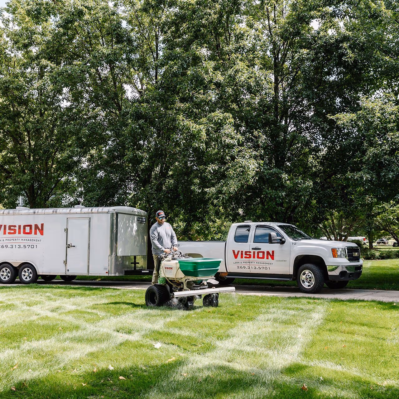 Vision Lawn and Property Management company truck on site in Baroda, Michigan