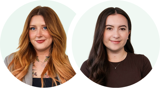 Two women smiling; one with long red hair and a tattoo, the other with long dark hair.