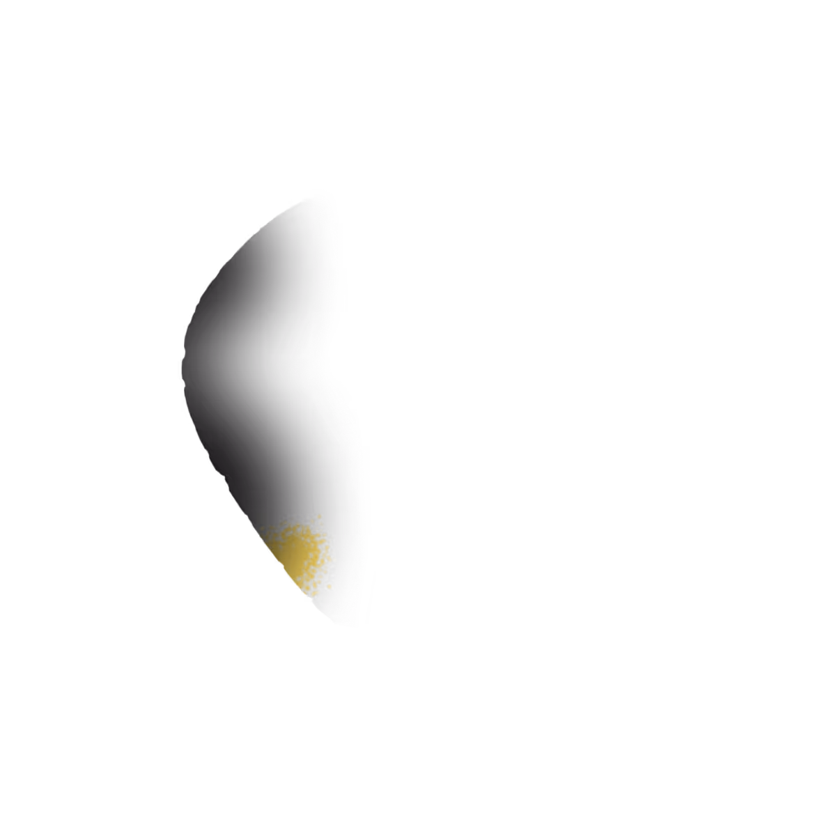 Abstract dark curved shape with a small cluster of yellow particles near its lower edge on a transparent background.
