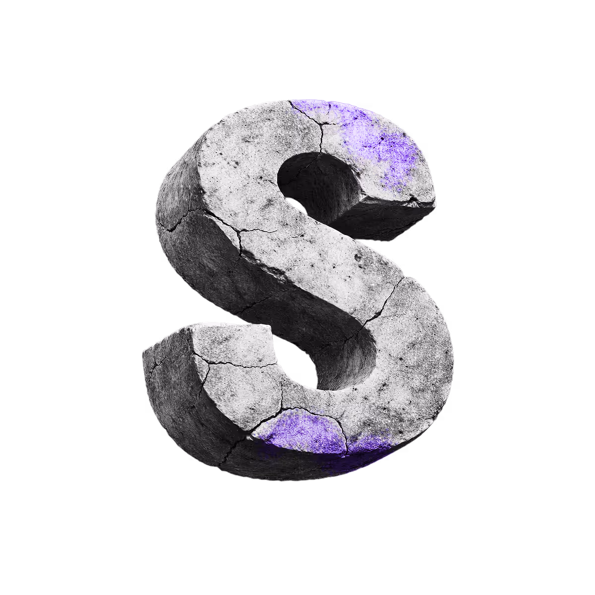 3D cracked concrete letter S with purple highlights on a black background.