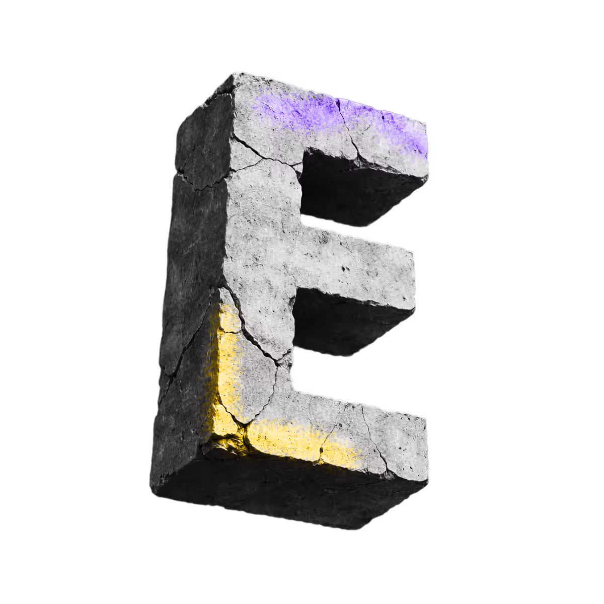 3D cracked concrete block shaped as the letter E with yellow and purple highlights.