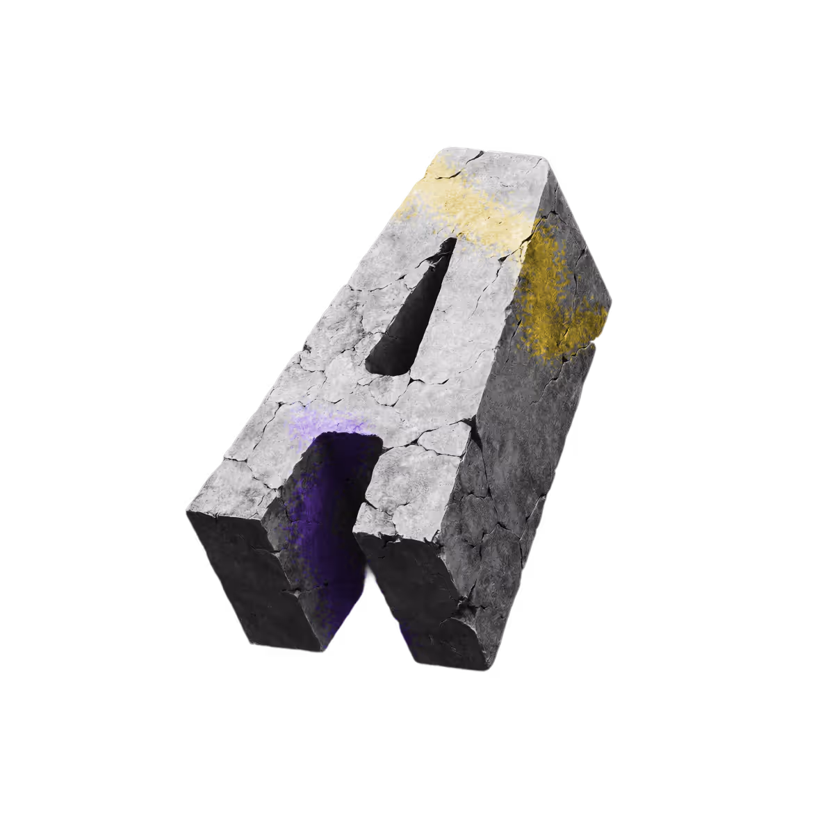 Cracked stone block shaped like the letter A with yellow and purple paint marks.