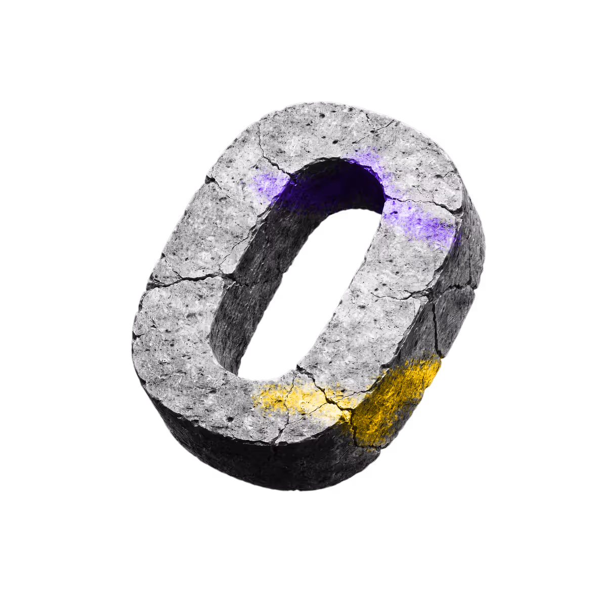 Three-dimensional cracked concrete number zero with purple and yellow paint marks on a black background.