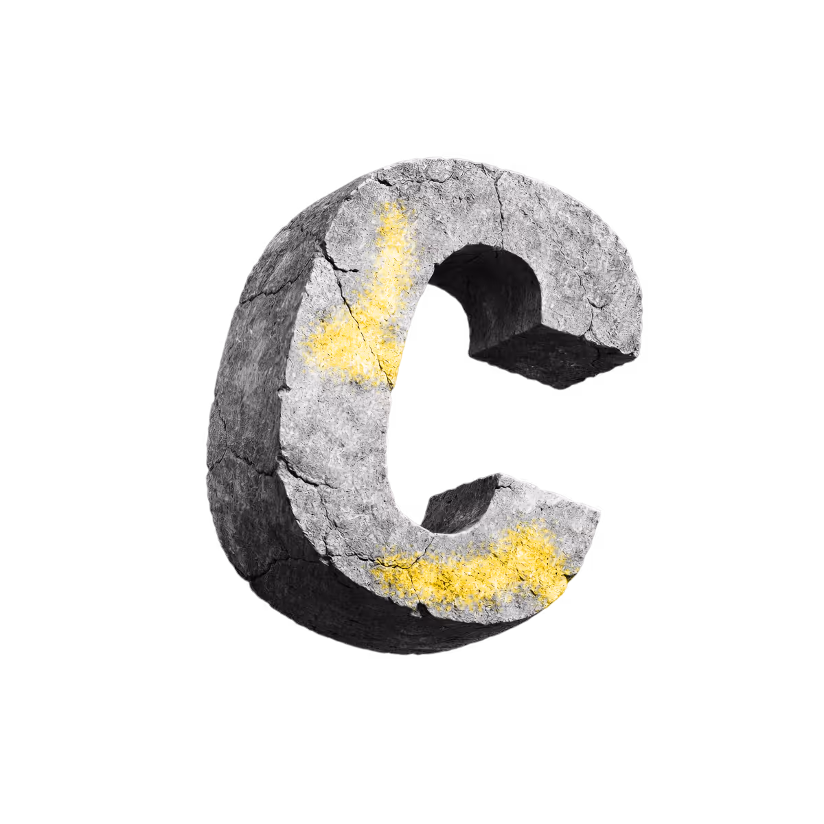 3D cracked stone letter C with yellow paint arrows on its surface.