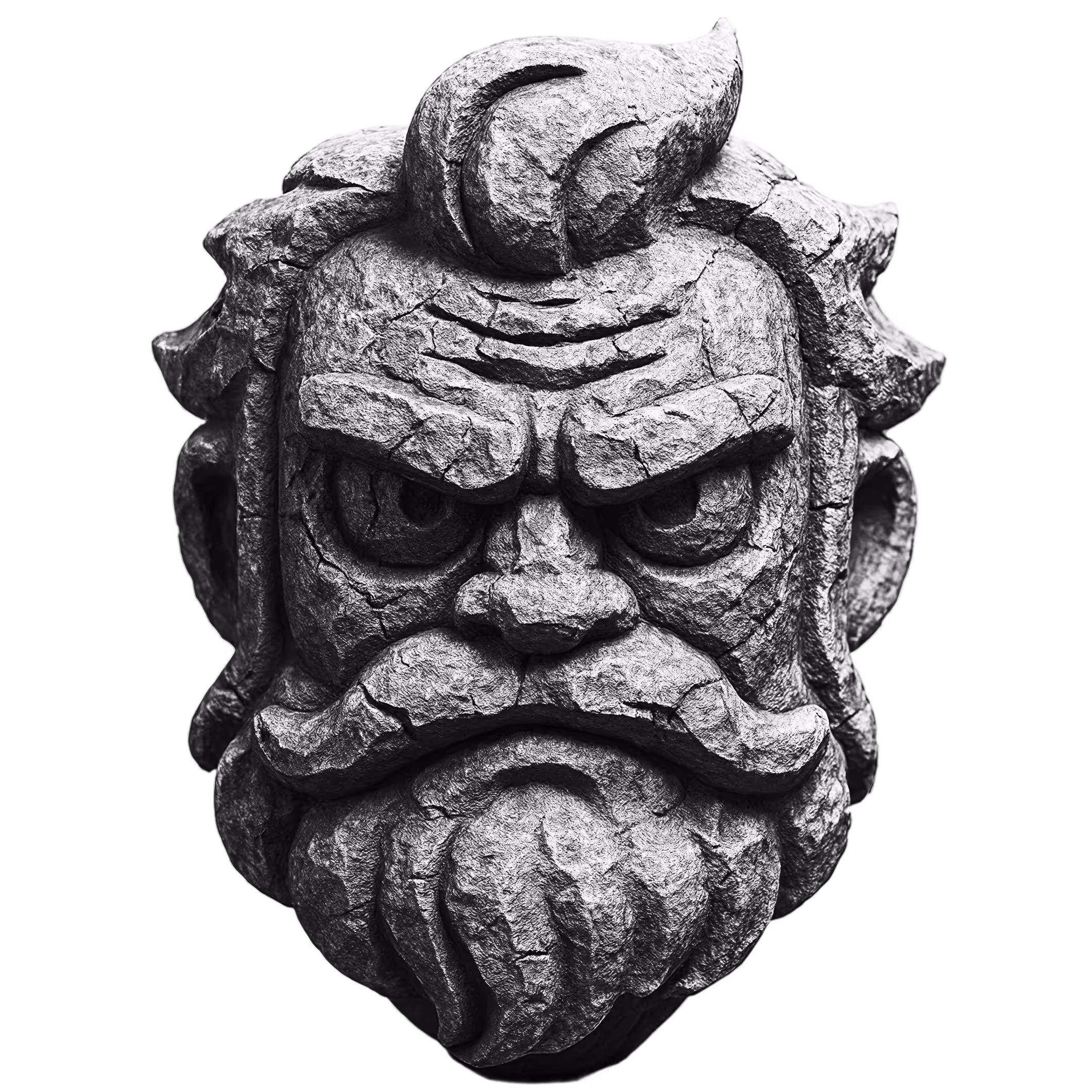 Carved stone face sculpture with a prominent mustache, beard, and furrowed brows expressing anger.