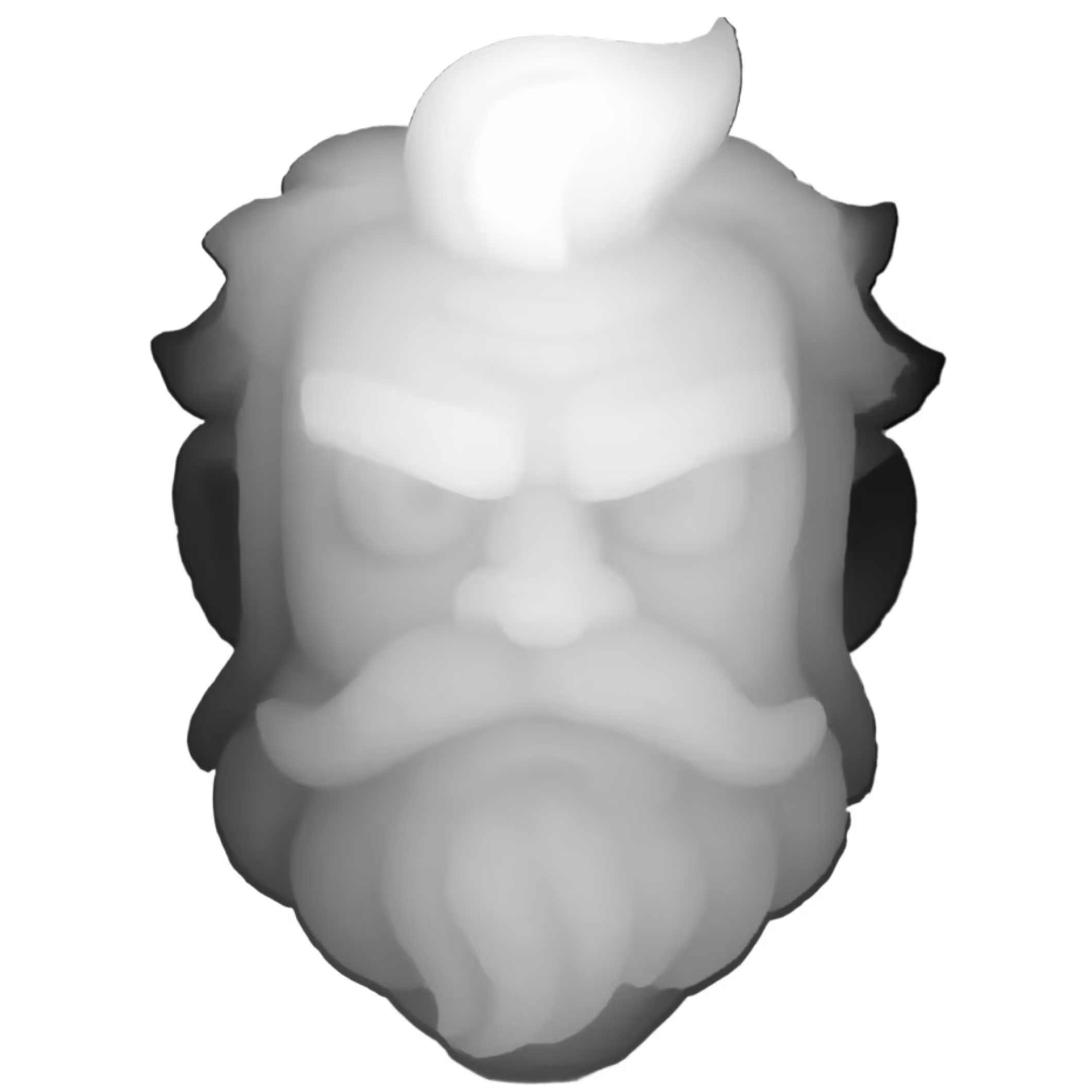 3D grayscale depth map of a stylized bearded man's face with prominent eyebrows and hair tuft.