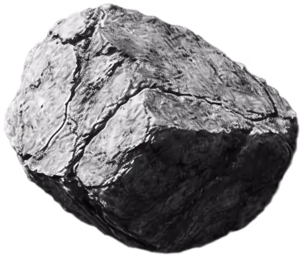 Gray rock with rough, cracked surface and irregular shape on black background.