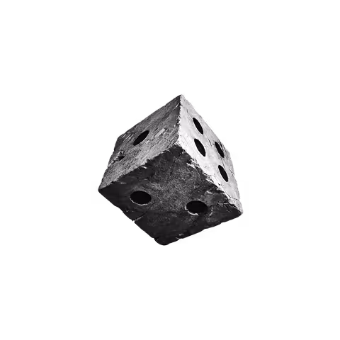 3D black and silver textured six-sided die with pips showing one, three, and five on visible faces.