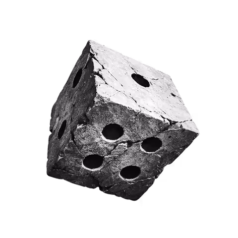 A weathered stone die showing five pips facing forward with a cracked and rough texture.