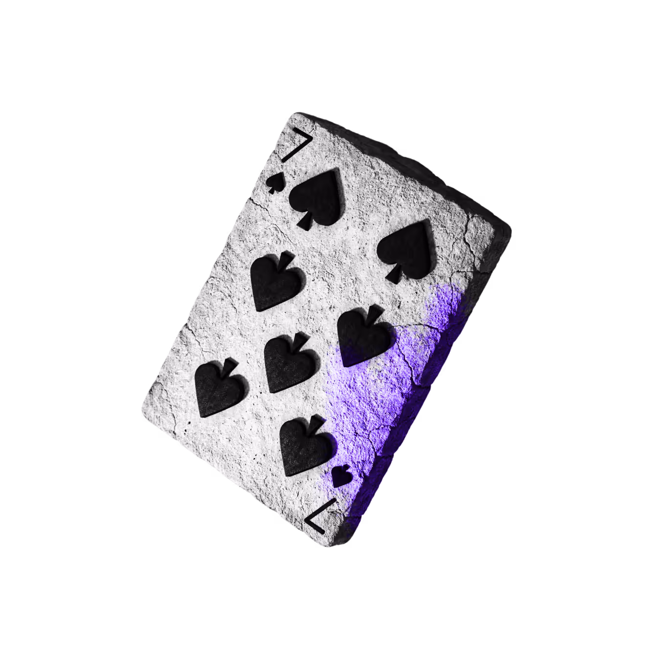Seven of spades playing card with a textured stone-like surface and purple paint on the right side.