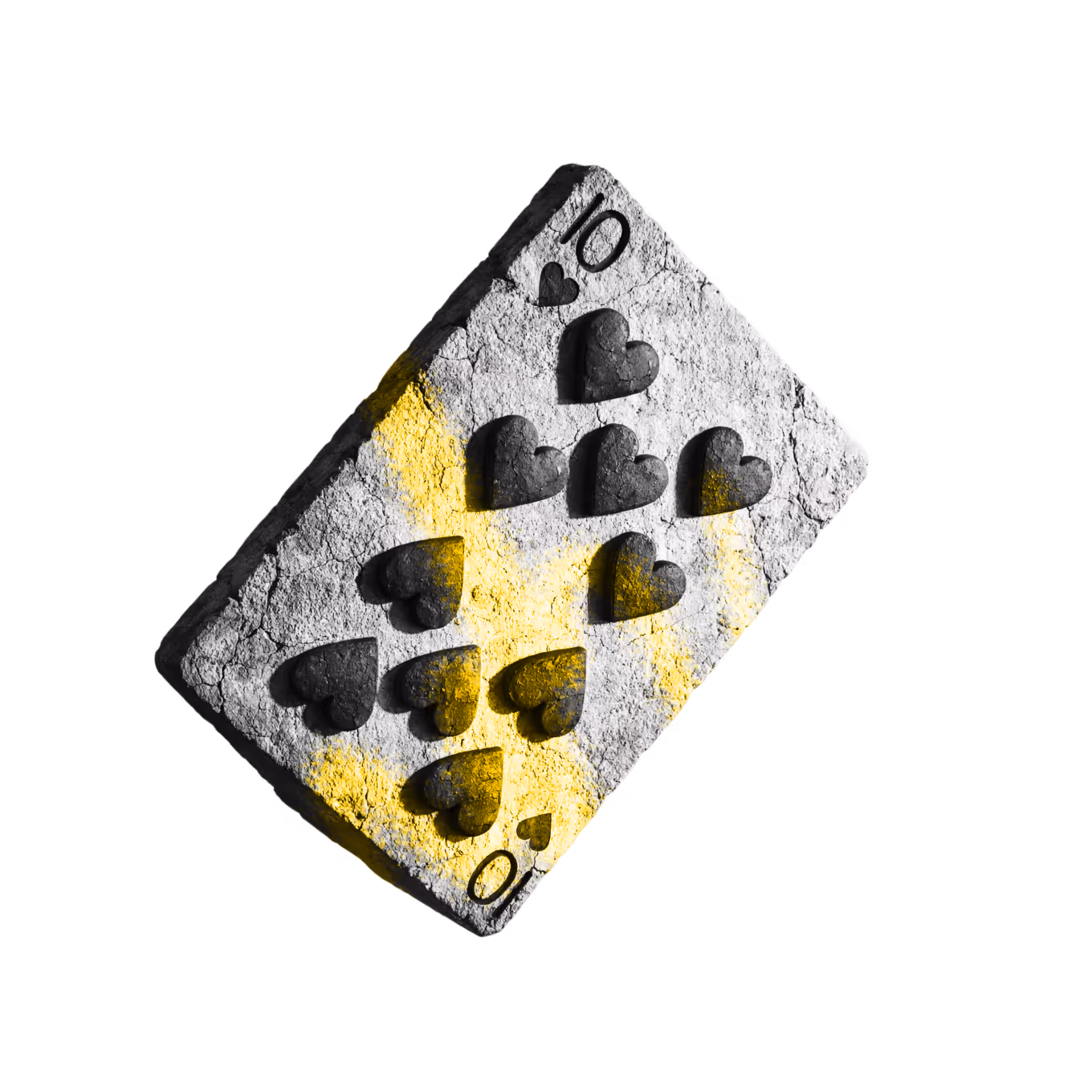 Stone-carved ten of hearts playing card with yellow spray paint markings.