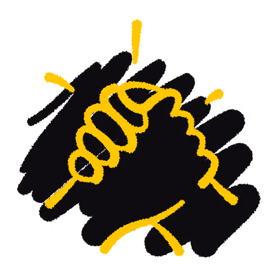 Yellow line drawing of two hands clasped together in a handshake with black brush stroke background.