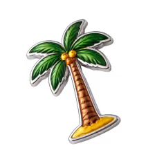 Illustration of a small palm tree with green leaves, brown coconuts, and a sandy base.