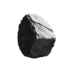 Close-up of a dark, irregularly shaped rock with rough texture against a transparent background.