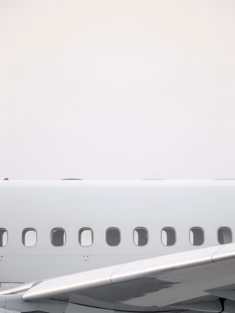Close-up side view of a white airplane fuselage showing passenger windows and part of the wing against a pale sky.