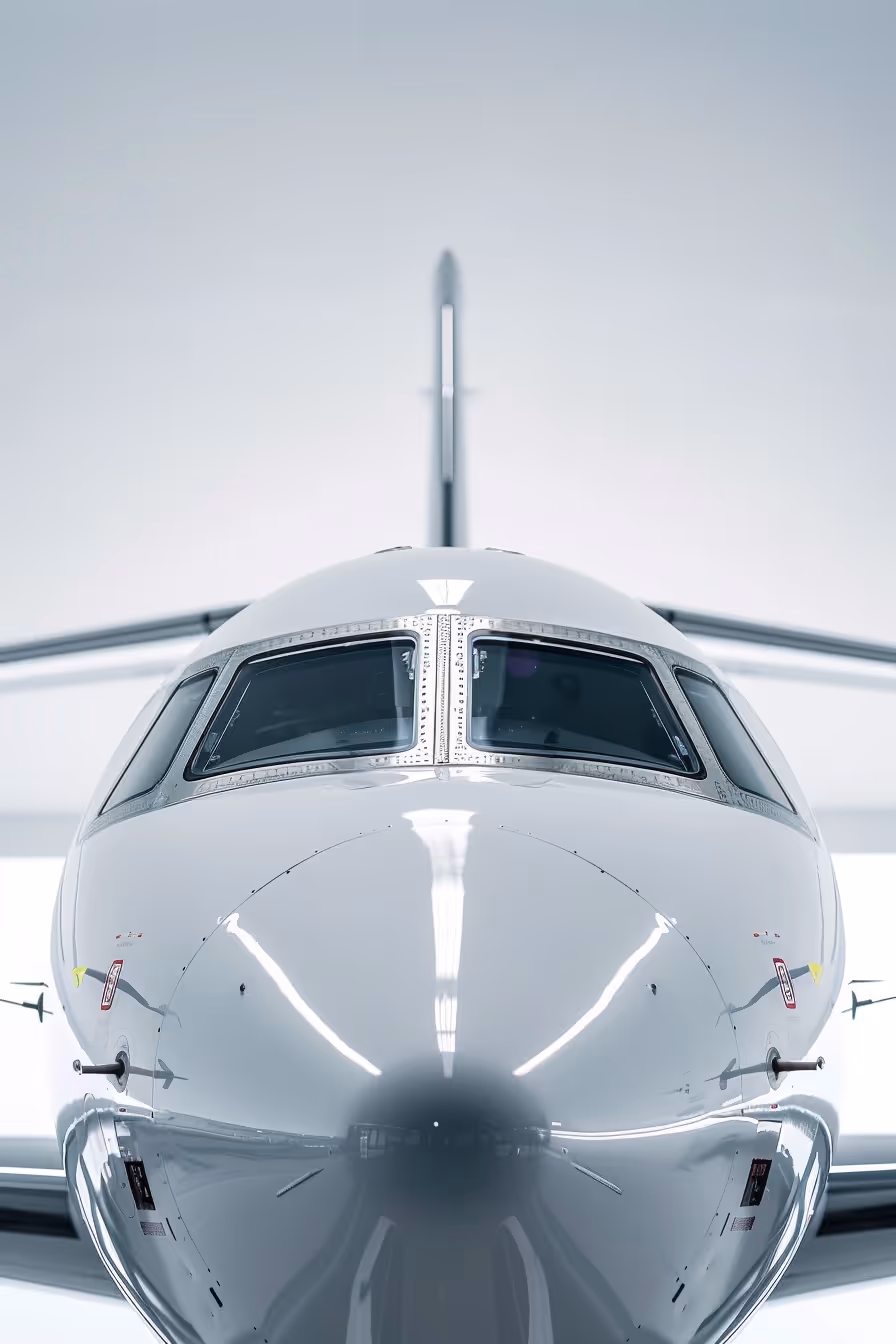 Front close-up view of a sleek, white airplane nose and cockpit windows against a bright background.