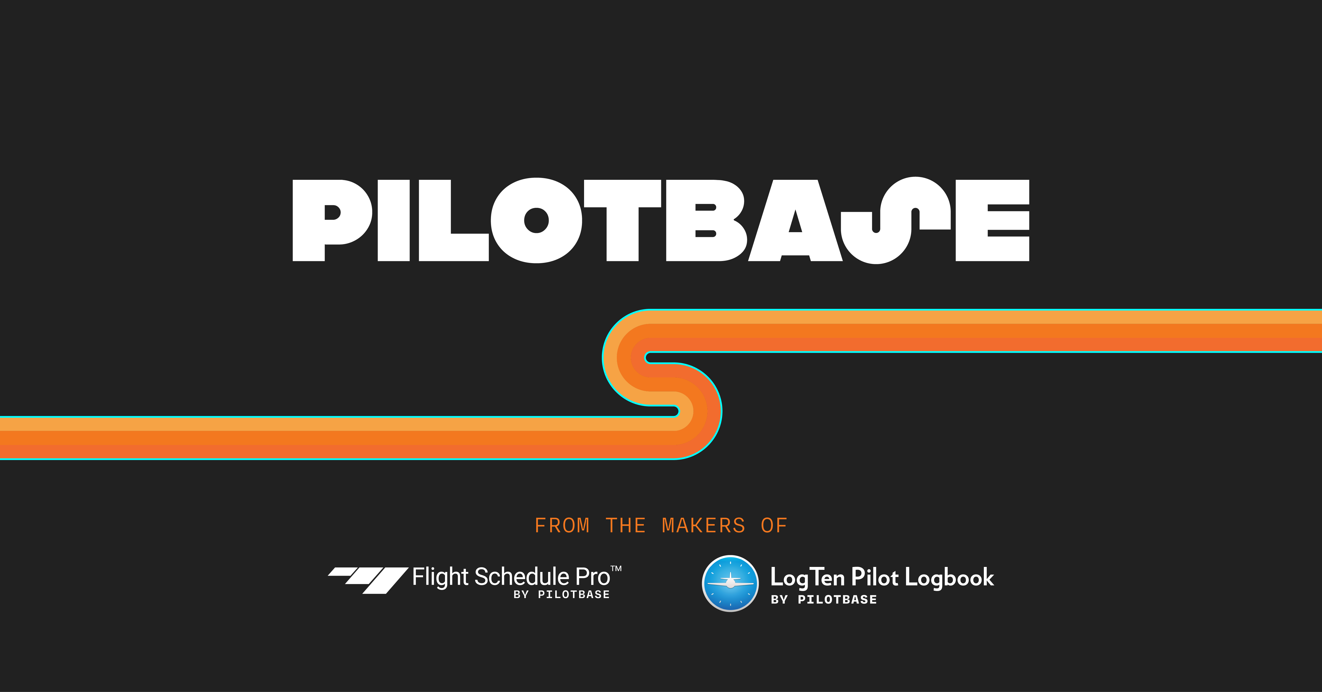 Pilotbase logo with branded orange  striped design and text below stating 'From the makers of Flight Schedule Pro by Pilotbase and LogTen Pilot Logbook by Pilotbase'.