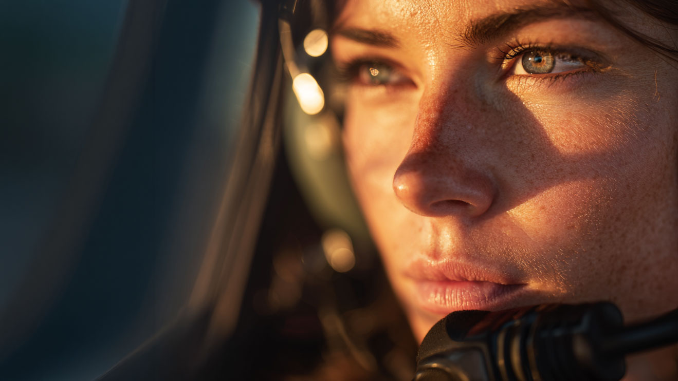 Pilot in cockpit at golden hour