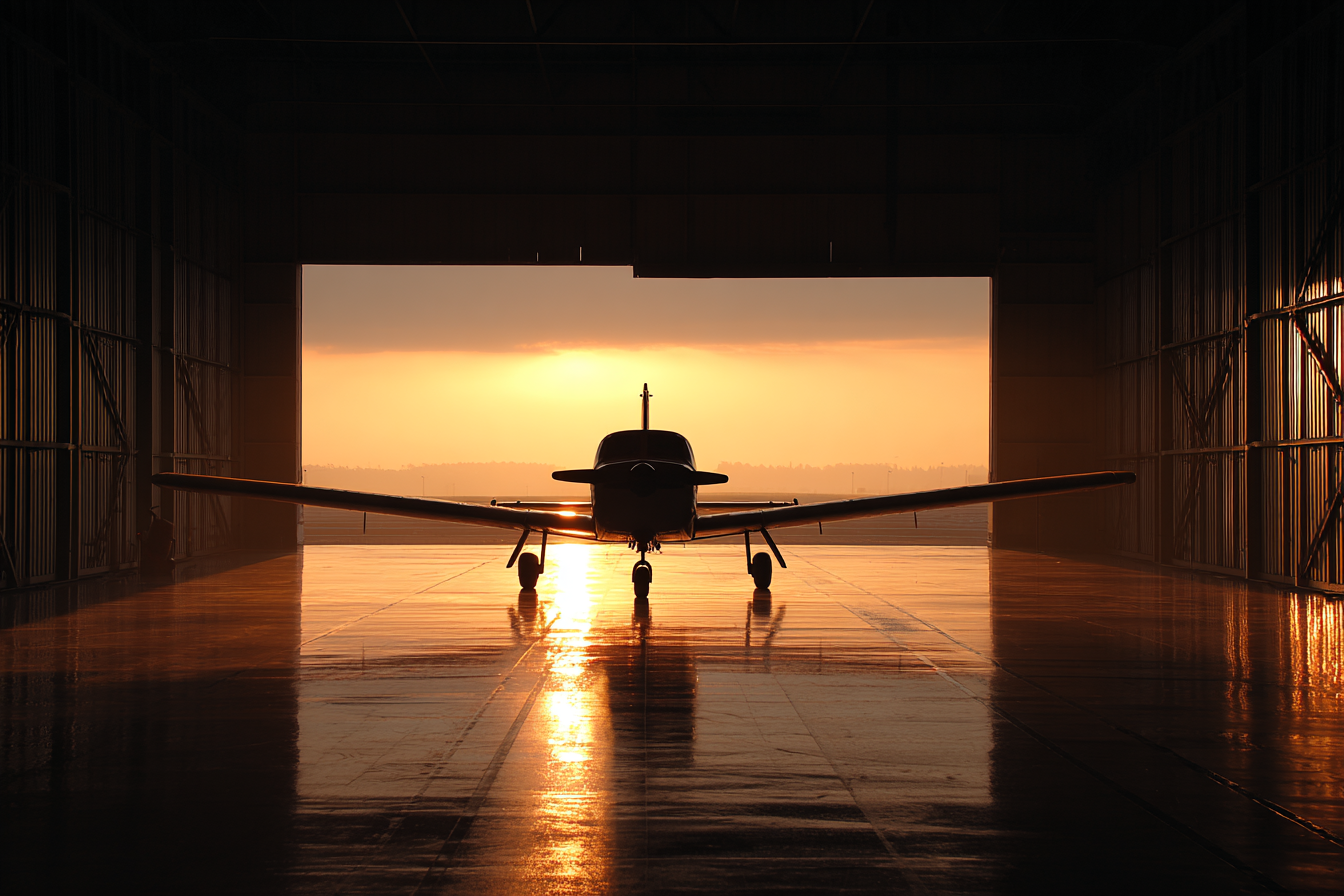 Aircraft silhouetted in a hangar at sunrise