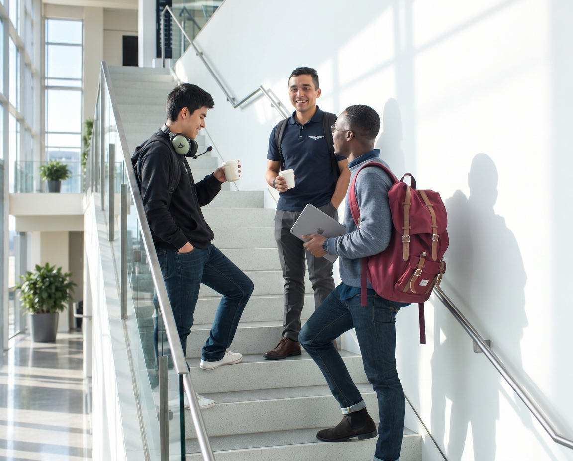 University students on a campus stairwell