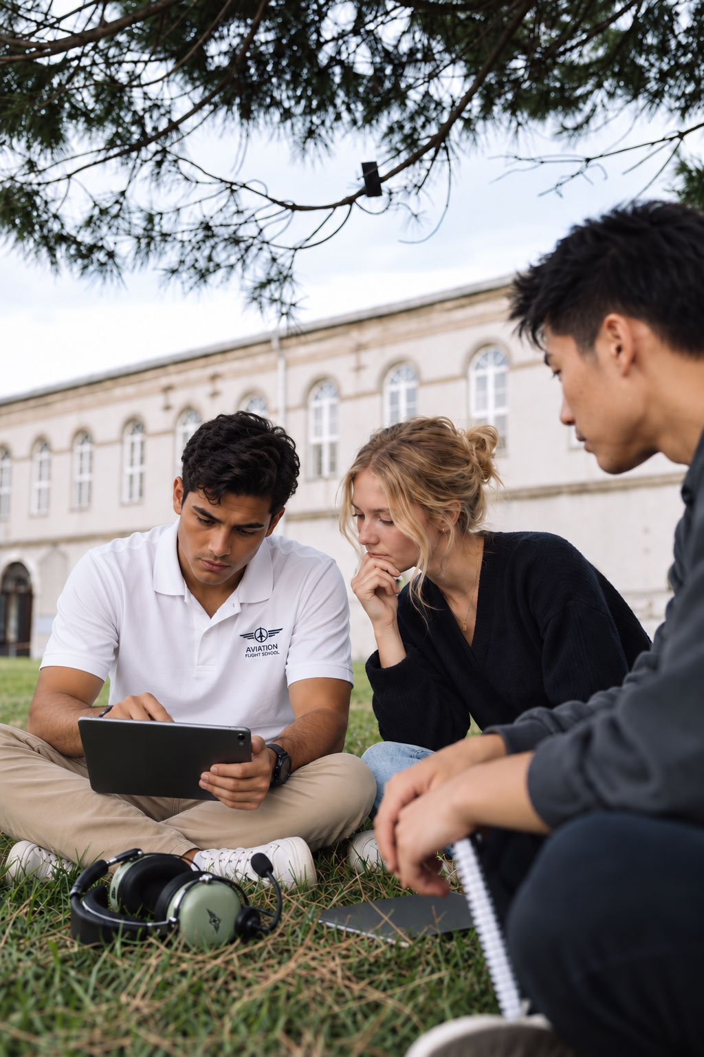 University flight students reviewing coursework on a tablet