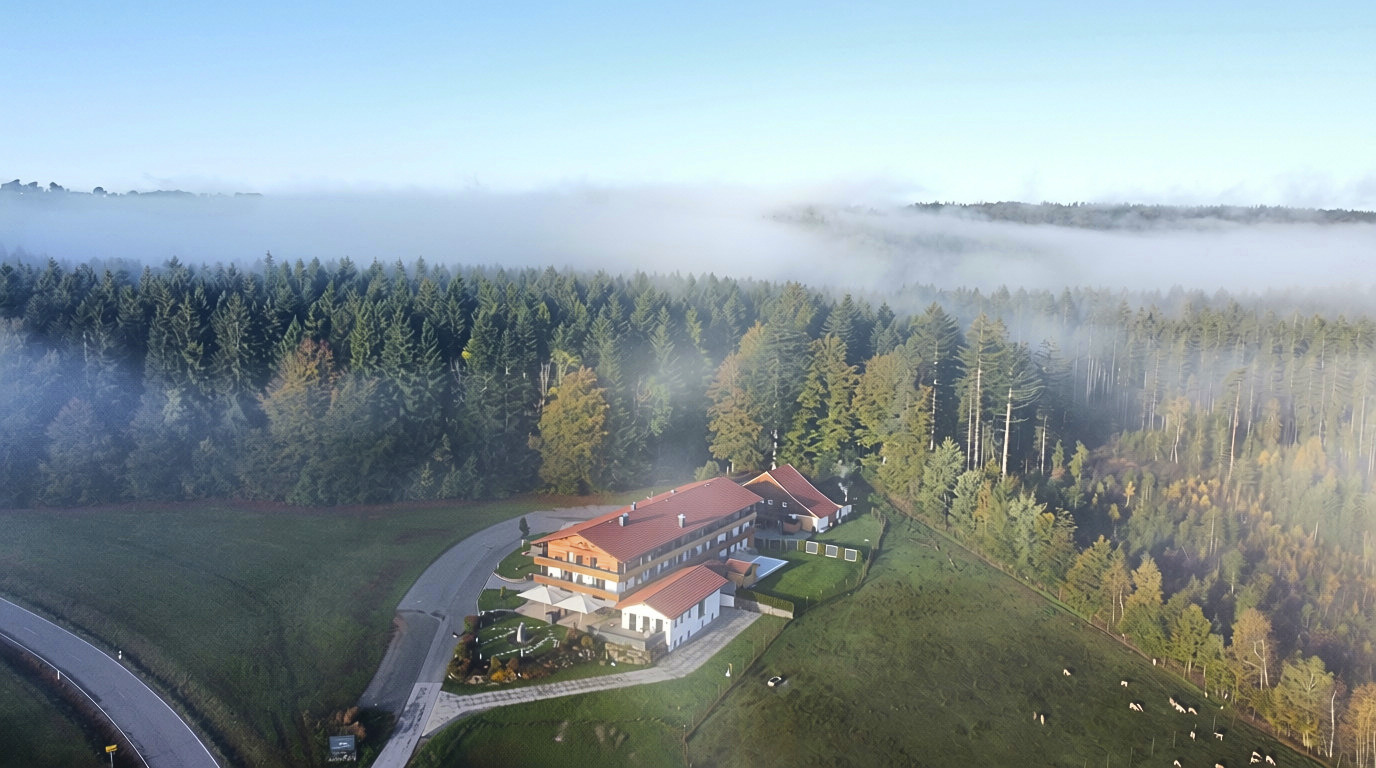 Landhotel Moorhof von außen, umgeben von herbstlichem Wald im Morgennebel