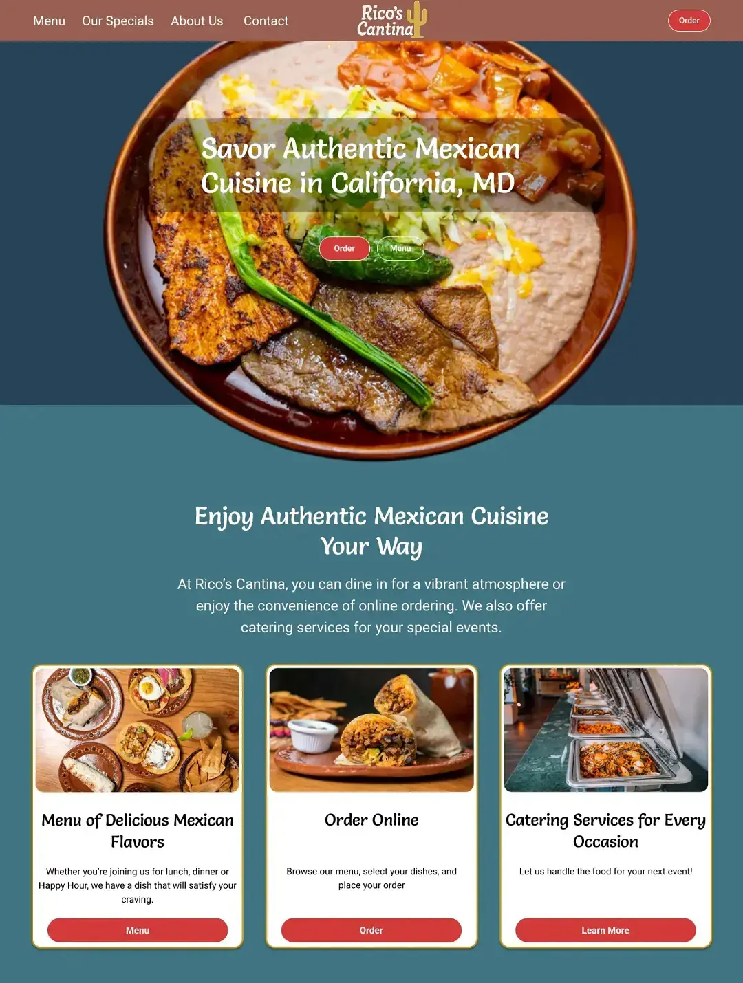 Mexican restaurant website screenshot
